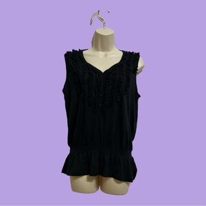 Jones New York Sport Sleeveless Black Top with Ruffle Stripes Cinched Waist L